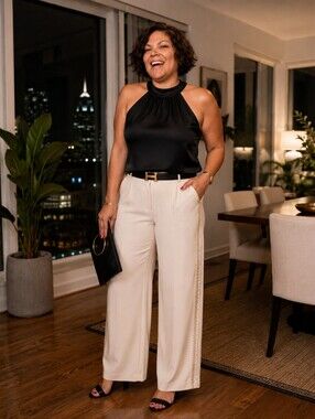 Eloquii Light Cream Wide-Leg Pants with Embroidered Side Trim
